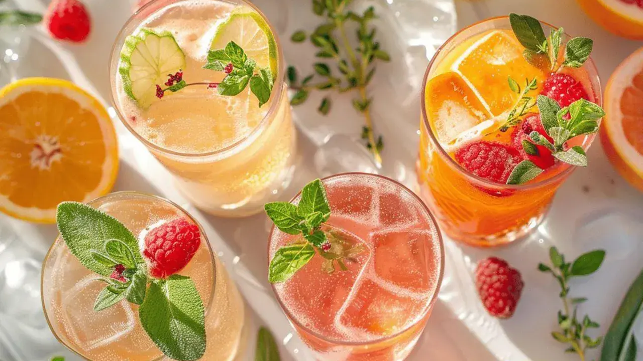 Cocktail gin jus de fruit, garni de fruits rouges et d'agrumes, prêt à rafraîchir.