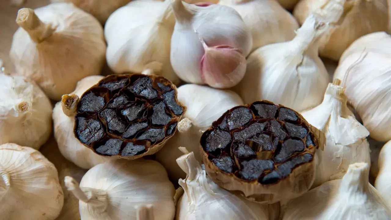 Deux têtes d'ail noir coupées en deux, révélant leur intérieur caramélisé, reposent sur un lit d'ail blanc frais. Parfait pour une recette d'ail noir.