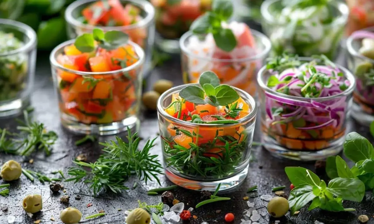 Petits verres de légumes colorés, parfaits pour une recette tapas gastronomique. Fraîcheur et couleurs vives pour un apéritif raffiné.