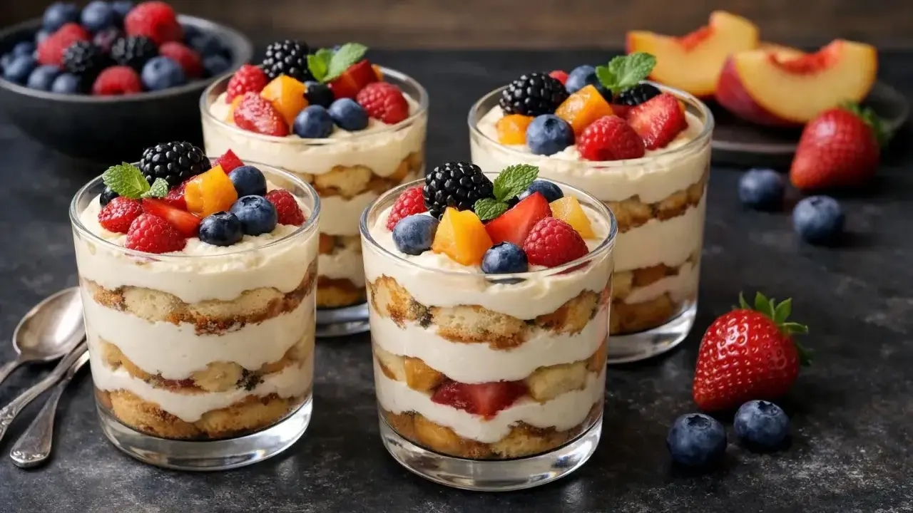 Quatre verrines de dessert minute sans cuisson, garnies de fruits rouges frais et de crème onctueuse.