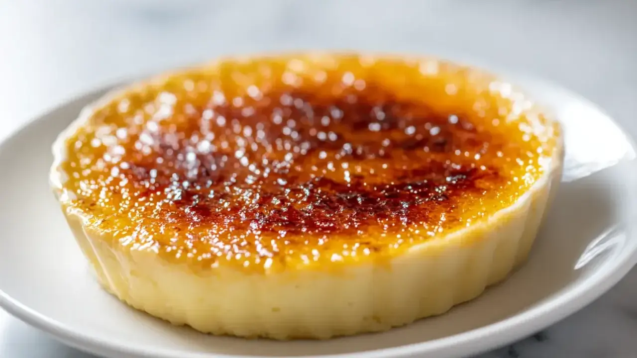Crème brûlée à la vanille avec une croûte caramélisée dorée sur une assiette blanche.