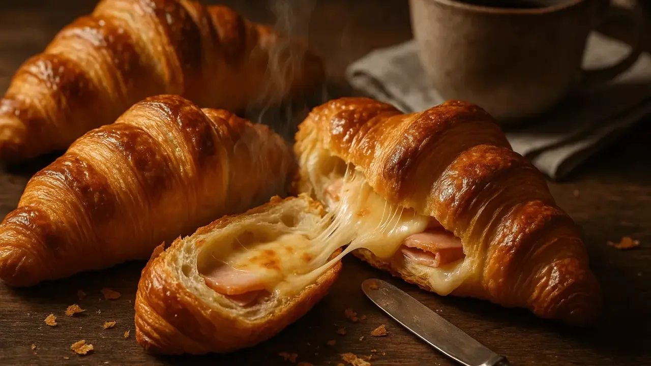 Un croissant au jambon fondant, avec du fromage dégoulinant, prêt à être dégusté avec un café chaud.