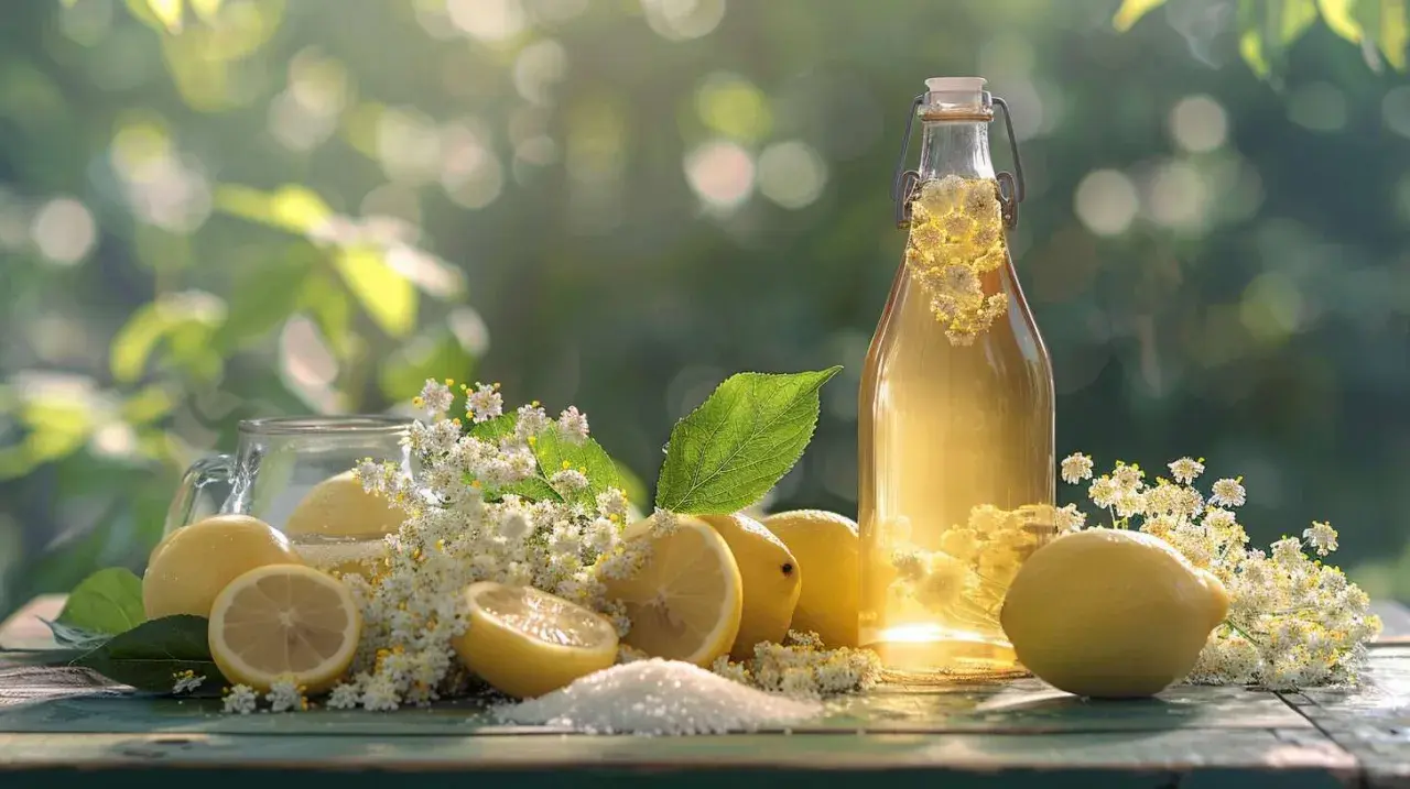 Bouteille de sirop de sureau, citrons et fleurs de sureau sur une table en bois. Douce lumière d'été.