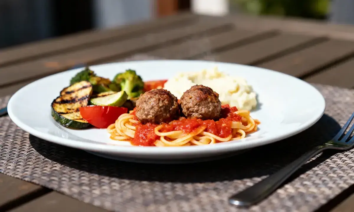 Boulettes de viande sur pâtes avec sauce tomate, purée et légumes grillés. La meilleure sauce pour boulette de viande, c'est celle-ci !