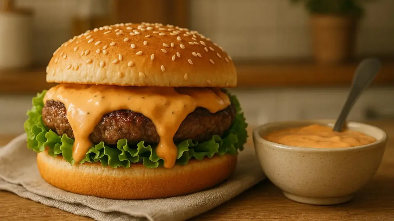 Un délicieux burger avec sa sauce Big Mac dégoulinante, servi à côté d'un petit bol de cette sauce onctueuse.
