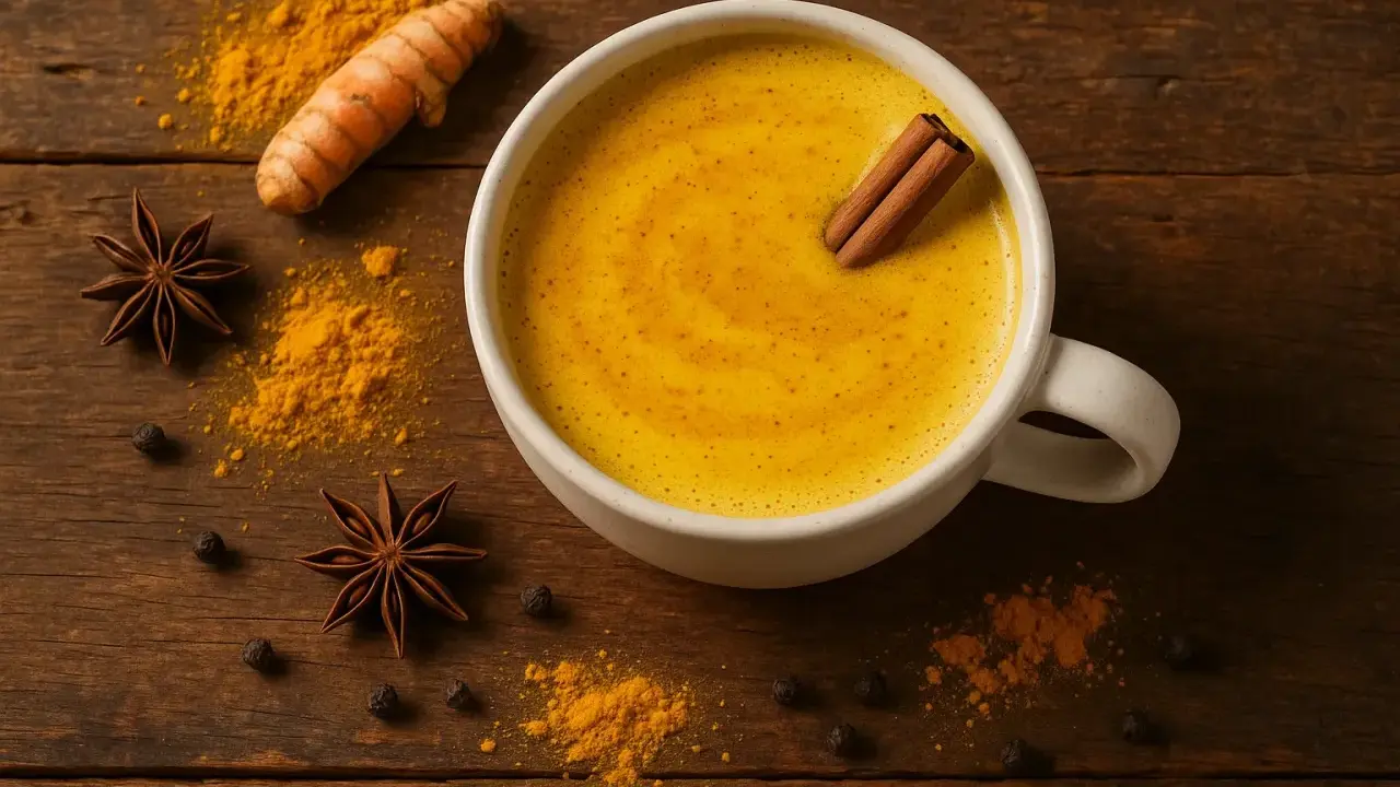 Une tasse de lait au curcuma, avec une bâton de cannelle, sur fond de bois. Autour, des épices : curcuma, anis étoilé, poivre noir.