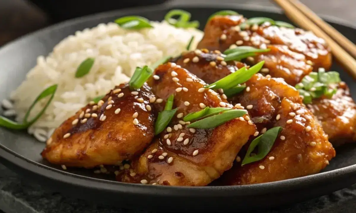 Délicieux poulet au miel glacé, parsemé de graines de sésame et d'oignons verts, servi avec du riz blanc.