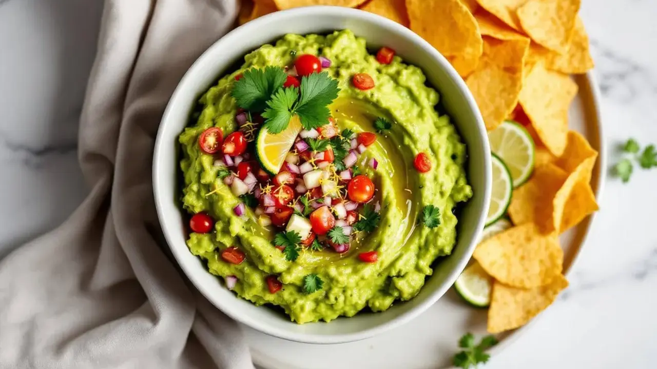Un bol de guacamole frais, garni de tomates, oignons rouges et coriandre, prêt à être dégusté avec des chips tortilla. La meilleure recette guacamole !