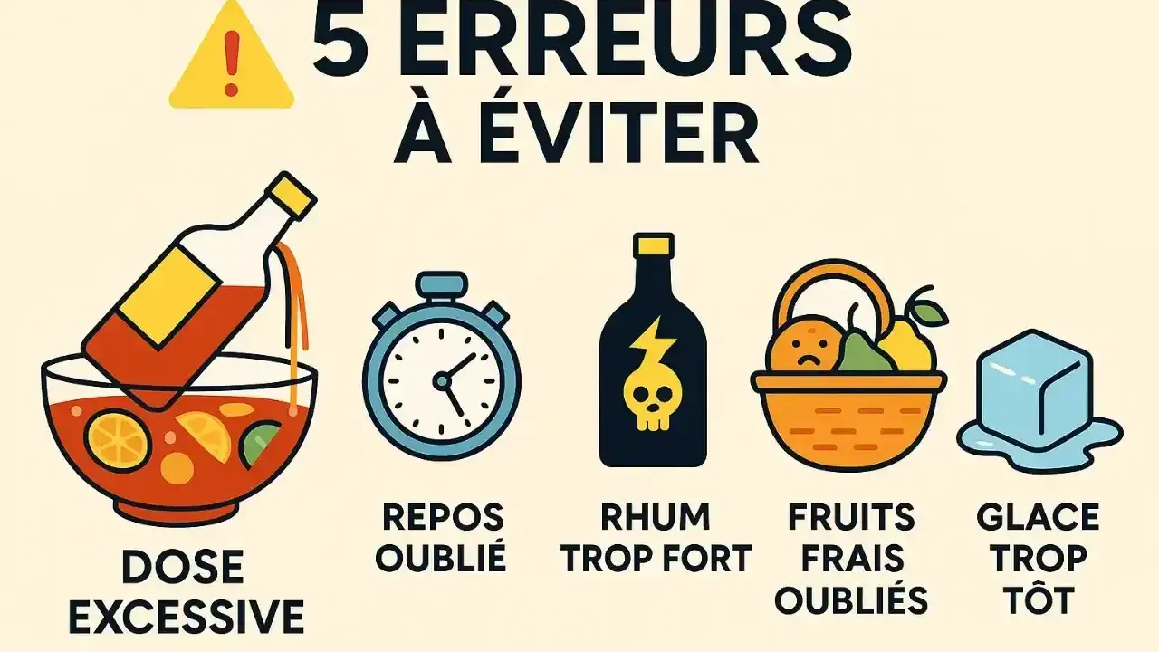 5 erreurs à éviter pour un bon rhum arrangé fraise : dose excessive, repos oublié, rhum trop fort, fruits frais oubliés, glace trop tôt.