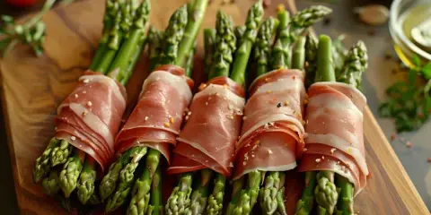 Des asperges au jambon, roulées et assaisonnées, prêtes à être servies comme délicieuses entrées.