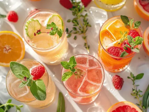 Cocktail gin jus de fruit, garni de fruits rouges et d'agrumes, prêt à rafraîchir.