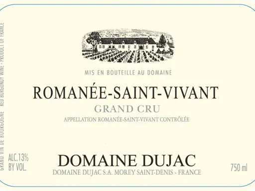 Étiquette de vin Romanée-Saint-Vivant Grand Cru, millésime 2010, Domaine Dujac. Un grand cru de Bourgogne.