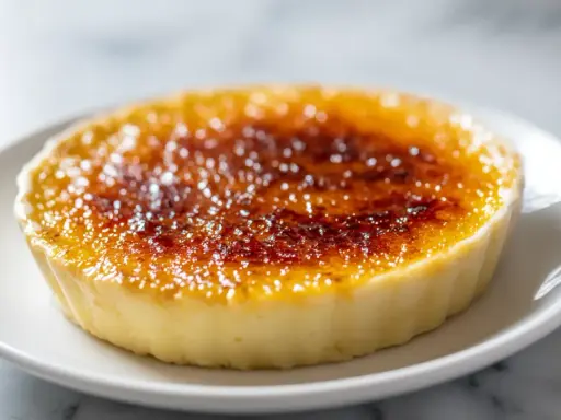 Crème brûlée à la vanille avec une croûte caramélisée dorée sur une assiette blanche.