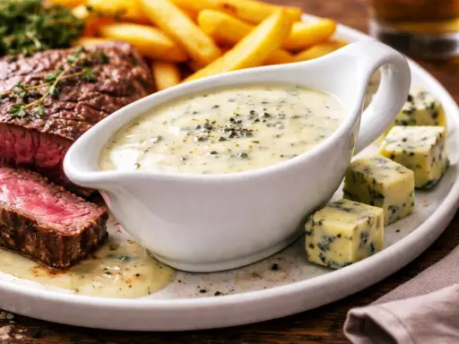 Steak juteux avec frites et une sauce au bleu crémeuse, parfaite pour accompagner.