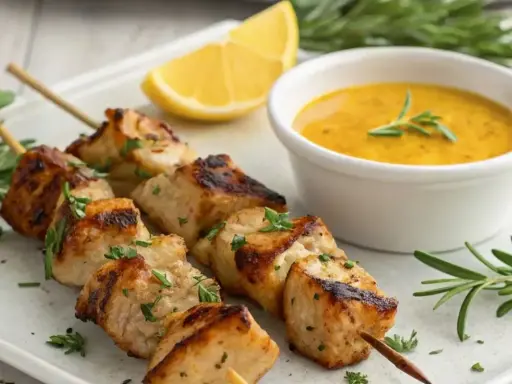 Brochettes de poulet grillé, savoureuses et juteuses, prêtes à être dégustées avec leur sauce onctueuse. Une marinade brochette poulet parfaite pour l'été.