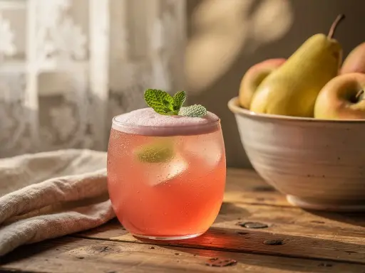 Verre de boisson rose pétillante, garni de menthe. Un bol de fruits et un tissu sont en arrière-plan. Délicieux eau de rhubarbe.