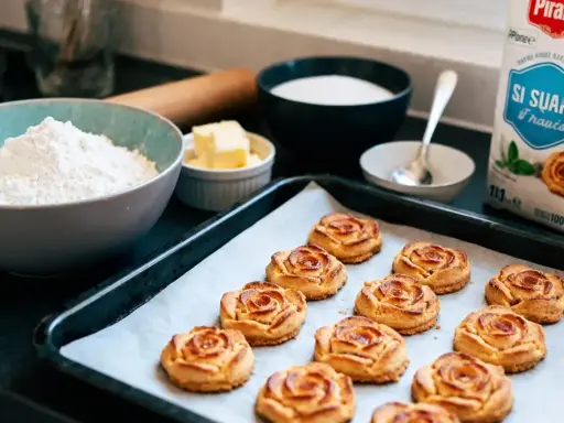 Douze biscuits dorés en forme de rose des sables sur une plaque de cuisson, entourés d'ingrédients pour la pâtisserie.