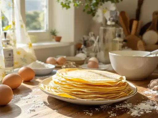 Pile de crêpes dorées saupoudrées de sucre glace, avec des œufs et de la farine sur la table. Une recette de crepe sans oeuf facile à réaliser.