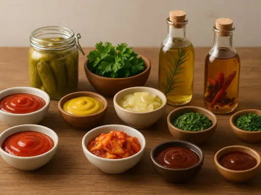 Assortiment de sauces et condiments : ketchup, moutarde, cornichons, herbes, huiles aromatisées. Les 10 sauces les plus utilisés pour accompagner vos plats.