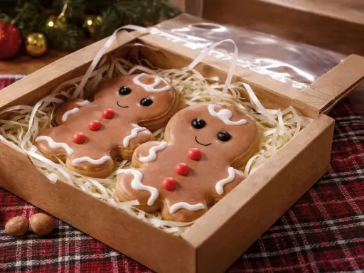 Deux adorables biscuits de Noël en pain d'épice, décorés de glaçage blanc et de bonbons rouges, sont présentés dans une boîte en carton.