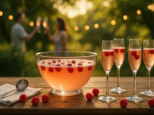 Un grand bol de soupe de champagne rose avec des framboises flotte sur une table en bois. Quatre flûtes à champagne remplies de la même boisson pétillante sont alignées.