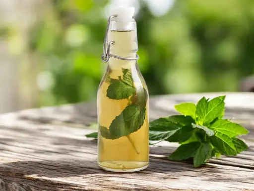 Une bouteille de sirop de menthe maison, avec des feuilles de menthe fraîche à côté, sur une table en bois.