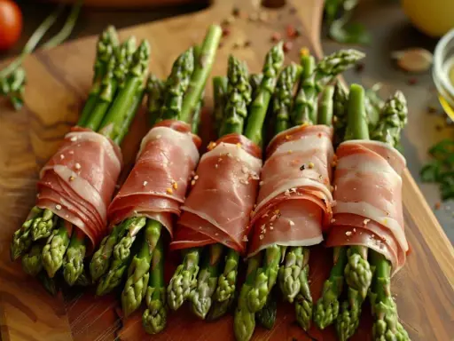 Des asperges au jambon, roulées et assaisonnées, prêtes à être servies comme délicieuses entrées.