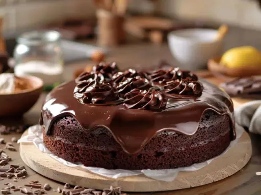 Gâteau yaourt chocolat onctueux, nappé de glaçage brillant et décoré de rosettes de chocolat. Un délice gourmand !