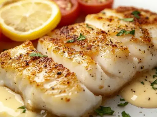 Délicieux dos de cabillaud au four, servi avec des quartiers de citron, des tomates cerises et une sauce onctueuse.