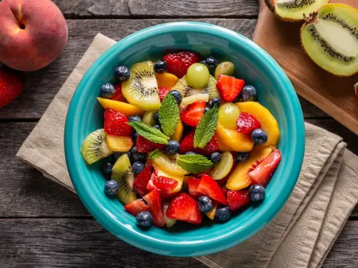 Un bol turquoise débordant de salade de fruits été : fraises, myrtilles, kiwis, pêches et raisins, garnie de menthe fraîche.