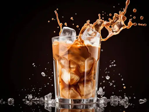 Un café glacé maison éclabousse dans un verre rempli de glaçons.