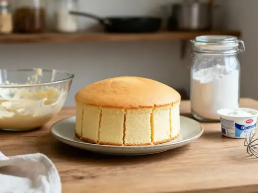 Un délicieux gâteau au yaourt, prêt à être décoré. À côté, un bol de crème, un pot de yaourt et de la farine.
