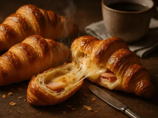 Un croissant au jambon fondant, avec du fromage dégoulinant, prêt à être dégusté avec un café chaud.