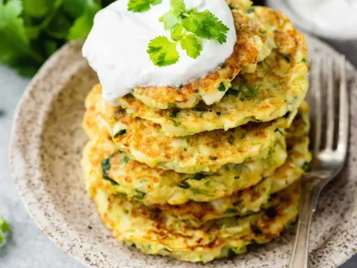 Pile de galettes de courgette dorées, garnies de crème et de coriandre fraîche, sur une assiette en céramique.