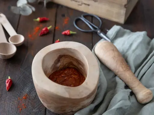 Mortier en bois avec une pâte épicée javanaise, piments rouges séchés et des cuillères en bois. Recette à venir.