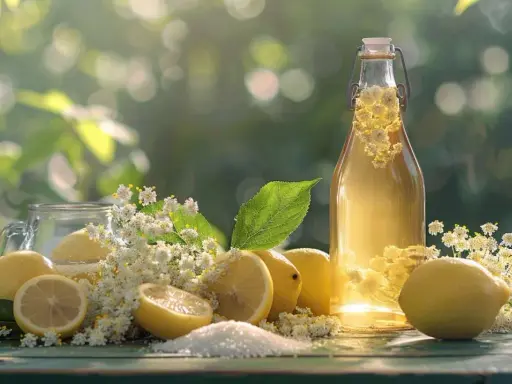 Bouteille de sirop de sureau, citrons et fleurs de sureau sur une table en bois. Douce lumière d'été.