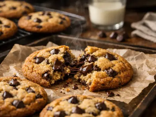 Délicieux cookies sans oeuf aux pépites de chocolat, encore chauds et fondants, sur une plaque de cuisson.