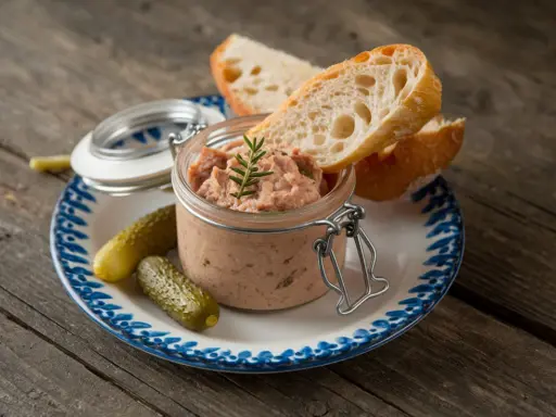 Un pot de rillettes de porc, garni d'une brindille de romarin, est servi avec des cornichons et des tranches de pain croustillant sur une assiette décorée.