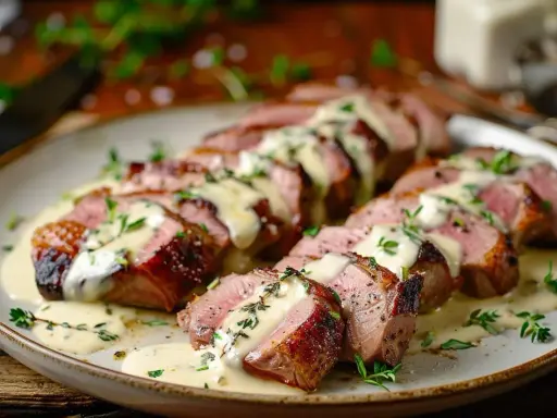 Délicieuses aiguillettes de canard poêlées, nappées d'une sauce crémeuse et garnies de thym frais. Un plat savoureux prêt à être dégusté.