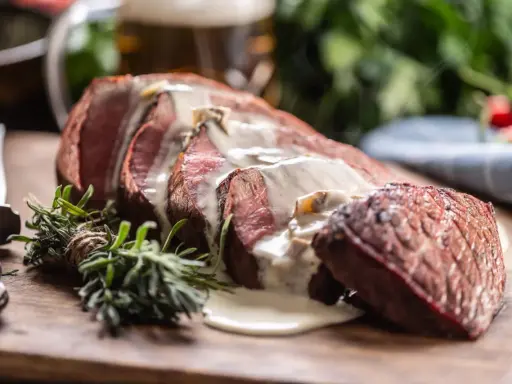 Tranches de côte de bœuf juteuses, nappées d'une sauce crémeuse. Un assaisonnement subtil rehausse la saveur de cette pièce de viande.