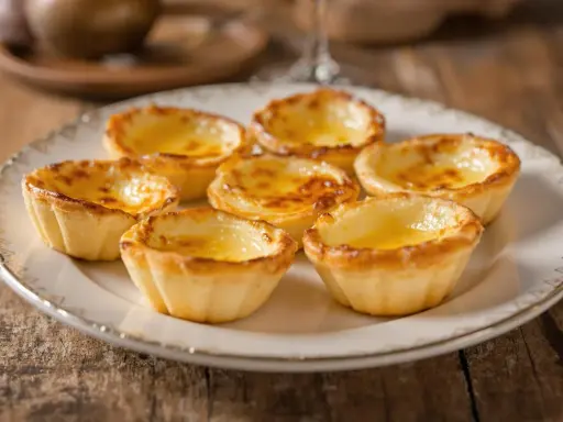 Assiette de délicieux pasteis de nata dorés, leur crème onctueuse invitant à la dégustation.