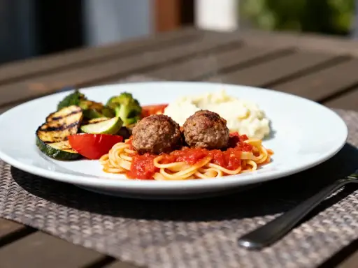 Boulettes de viande sur pâtes avec sauce tomate, purée et légumes grillés. La meilleure sauce pour boulette de viande, c'est celle-ci !
