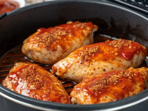 Quatre poitrines de poulet savoureuses, nappées d'une sauce rouge et saupoudrées d'épices, prêtes à être dégustées. Un délice inspiré du marinade poulet portugais.