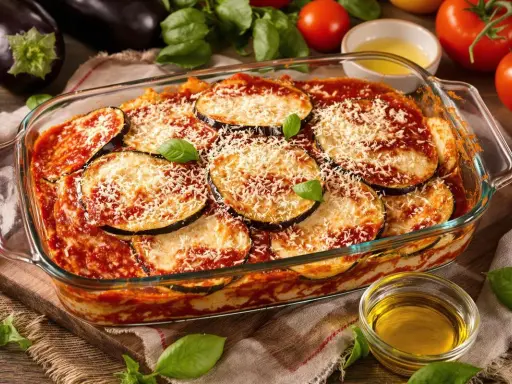 Un plat de parmigiana di melanzane, gratiné et garni de parmesan râpé, prêt à être dégusté. Des aubergines fraîches et des tomates entourent ce délice italien.