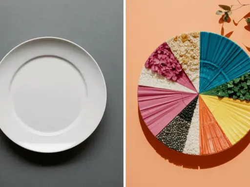 Une assiette blanche à gauche, une roue chromatique de textures et couleurs alimentaires à droite. Un vrai coup de food !