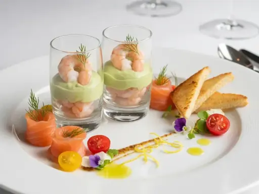 Recette entrée froide gastronomique facile : crevettes et avocat en verrine, saumon fumé roulé, toasts grillés, tomates cerises et fleurs comestibles.