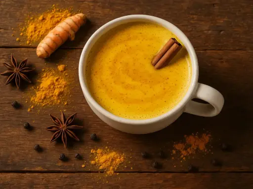 Une tasse de lait au curcuma, avec une bâton de cannelle, sur fond de bois. Autour, des épices : curcuma, anis étoilé, poivre noir.