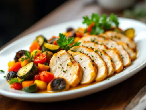 Tranches de filet de poulet savoureux, accompagnées d'un mélange coloré de légumes méditerranéens.