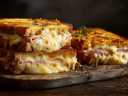 Deux croque monsieur au four empilés, leur fromage fondant dégouline. Un plat réconfortant et gourmand.