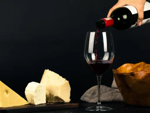 Vin rouge versé dans un verre, à côté de morceaux de fromage. La question "quoi boire avec une raclette" trouve ici une réponse évidente.